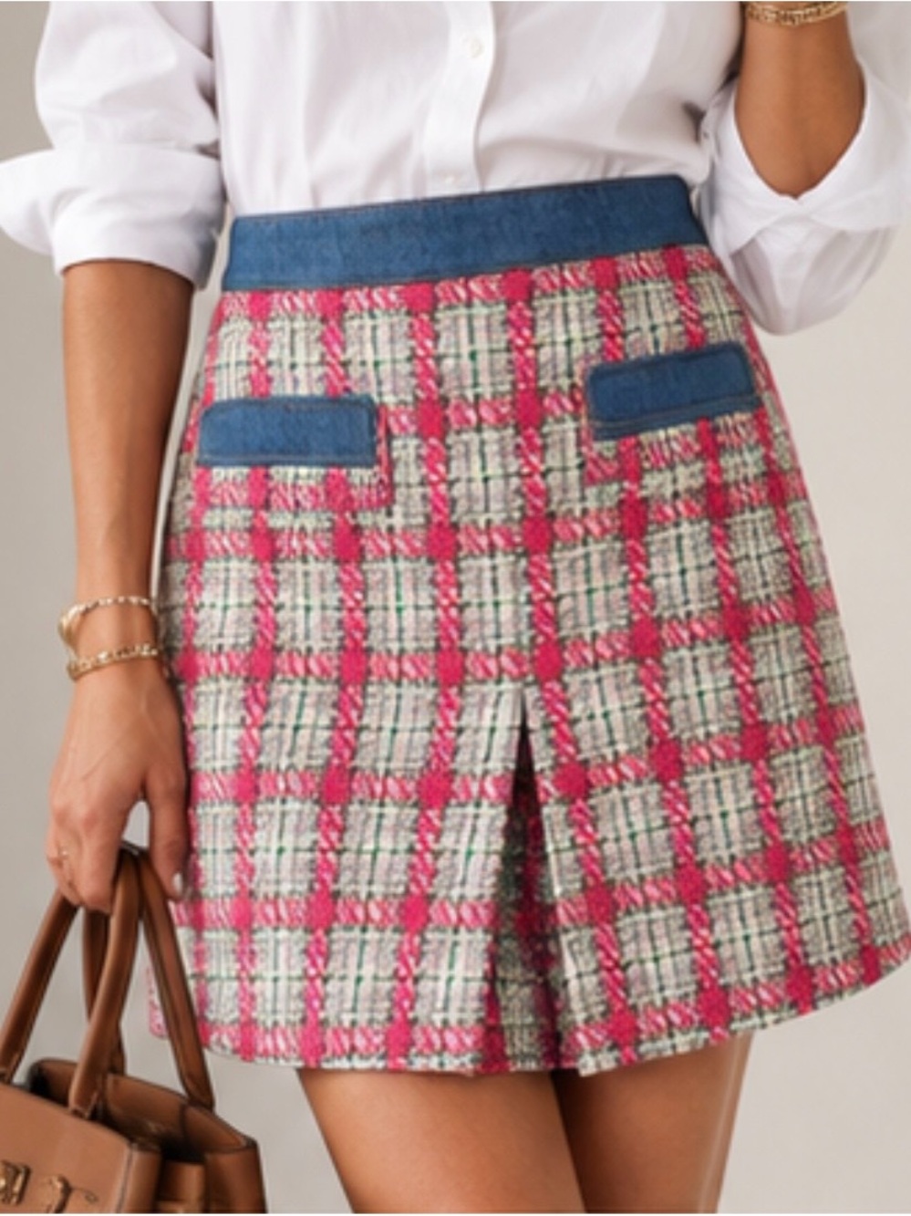 Ipekyol Pink Plaid Tweed Mini Skirt US 6 Denim Trim Preppy Y2K Wool Blend